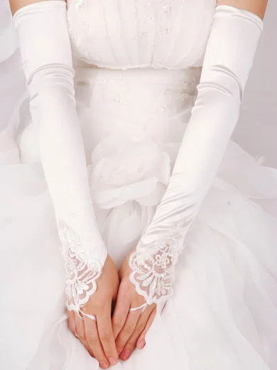 White Elastic Satin Opera Length Gloves with Beading/Sequins #Milly03120023