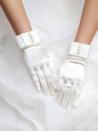 Ivory Satin Wrist Length Gloves with Pearls #Milly03120026