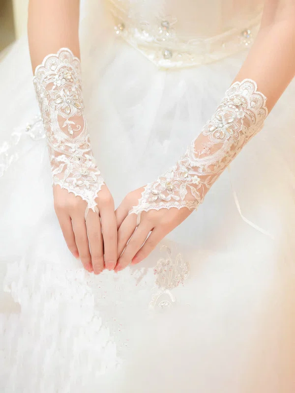 White Lace Wrist Length Gloves with Rhinestone #Milly03120027