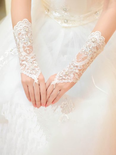 White Lace Wrist Length Gloves with Rhinestone #Milly03120027