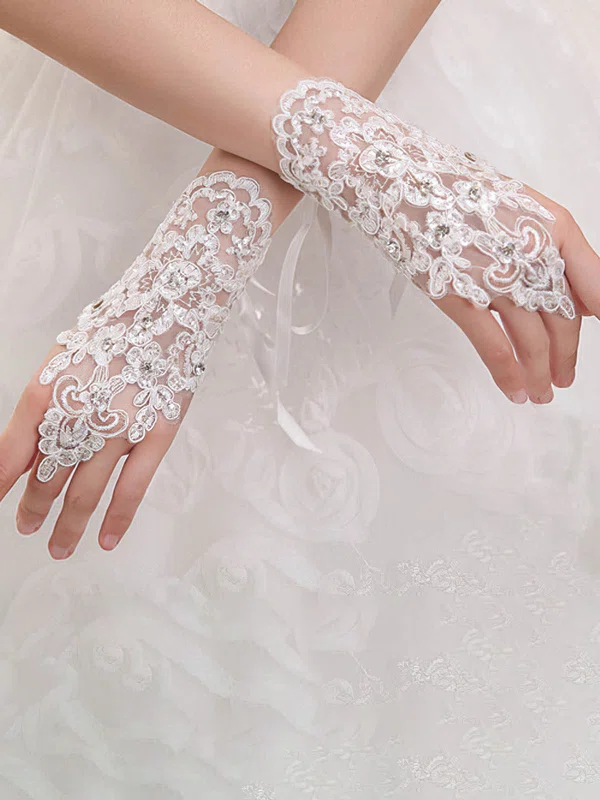 Ivory Lace Wrist Length Gloves with Beading #Milly03120028