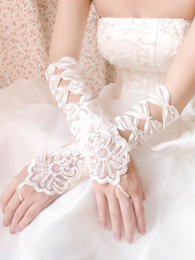White Elastic Satin Elbow Length Gloves with Beading/Sequins #Milly03120031