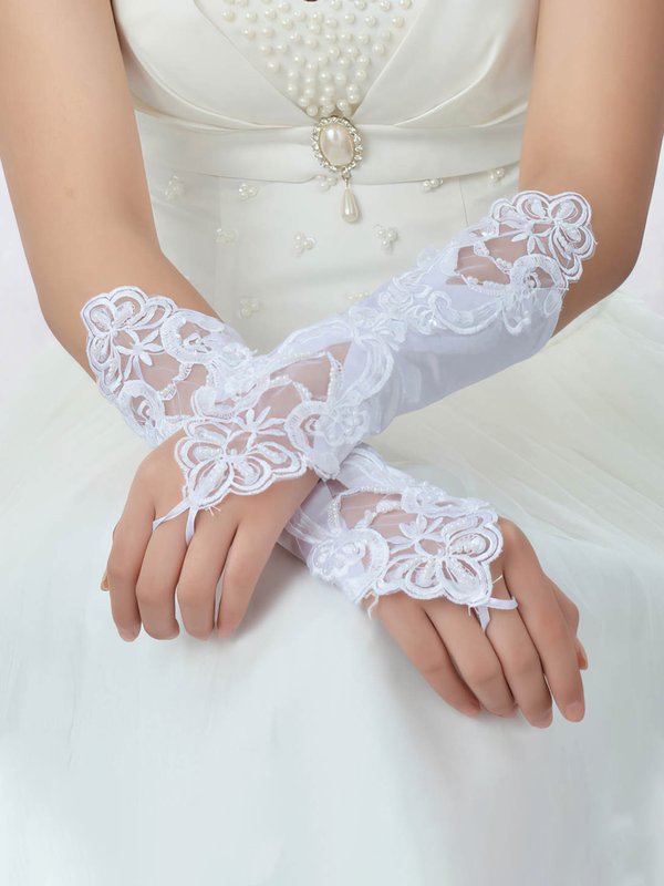 White Lace Elbow Length Gloves With Pearls 9778