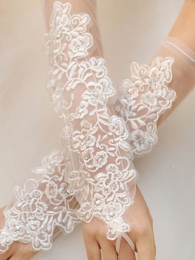 White Tulle Elbow Length Gloves with Beading/Appliques #Milly03120038