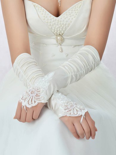 White Elastic Satin Elbow Length Gloves with Lace/Beading/Sequins #Milly03120039
