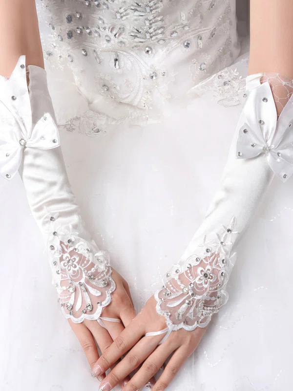 White Elastic Satin Elbow Length Gloves with Lace/Bow/Rhinestone #Milly03120041