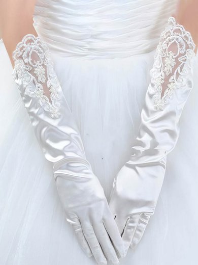 White Elastic Satin Elbow Length Gloves with Lace #Milly03120043