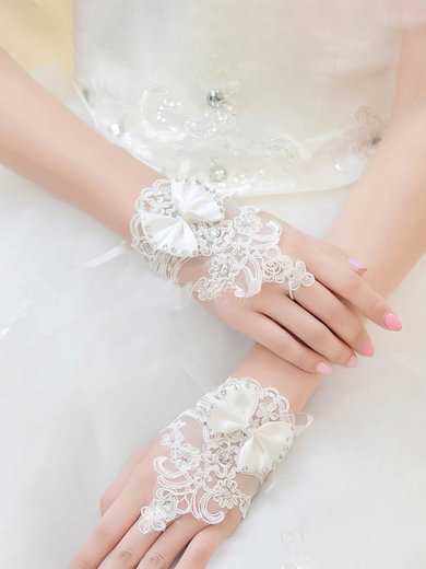 Ivory Lace Wrist Length Gloves with Bow/Beading #Milly03120044