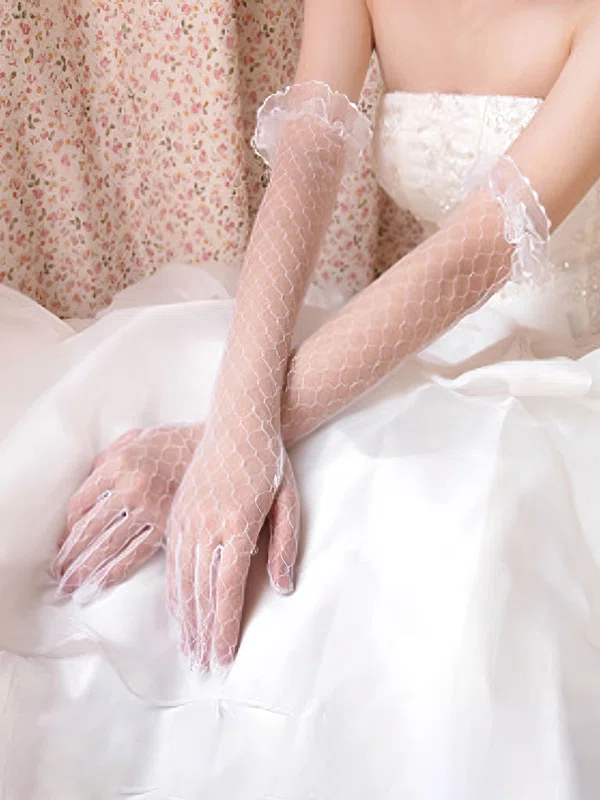 White Tulle Opera Length Gloves with Lace #Milly03120045