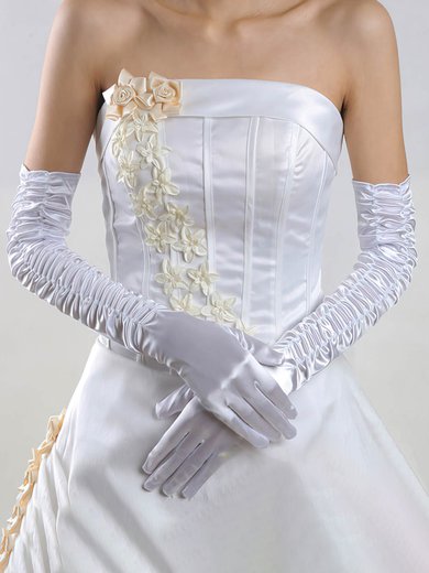 White Elastic Satin Opera Length Gloves with Ruched #Milly03120046