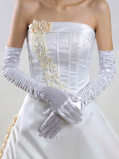 White Elastic Satin Opera Length Gloves with Ruched #Milly03120046