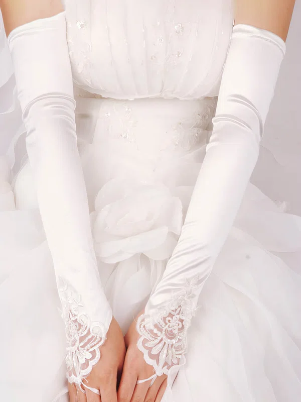 White Elastic Satin Opera Length Gloves with Lace #Milly03120047