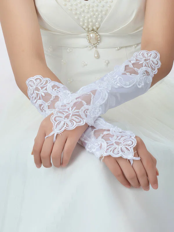 White Lace Elbow Length Gloves with Pearls #Milly03120049