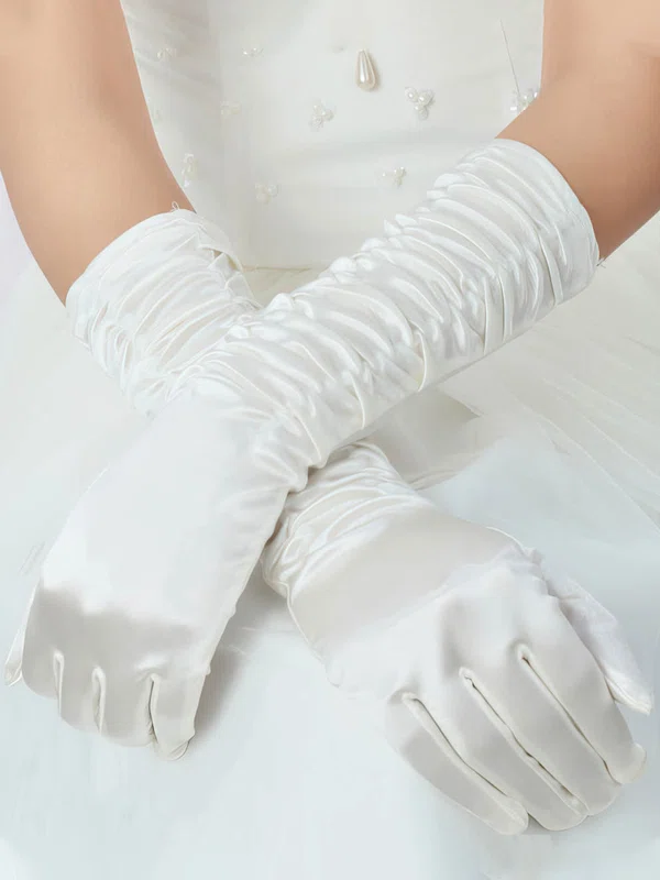 White Elastic Satin Elbow Length Gloves with Ruched #Milly03120051