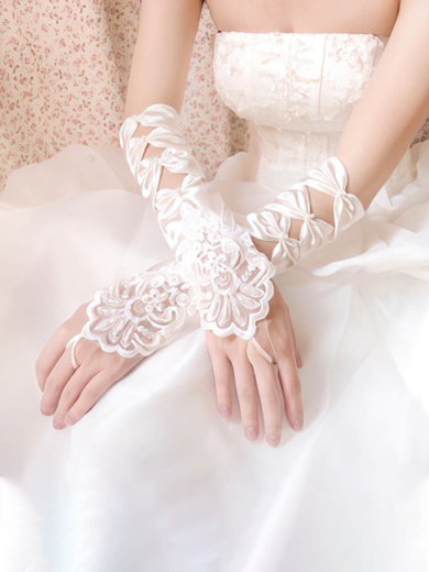 White Elastic Satin Elbow Length Gloves with Lace/Beading/Sequins #Milly03120052