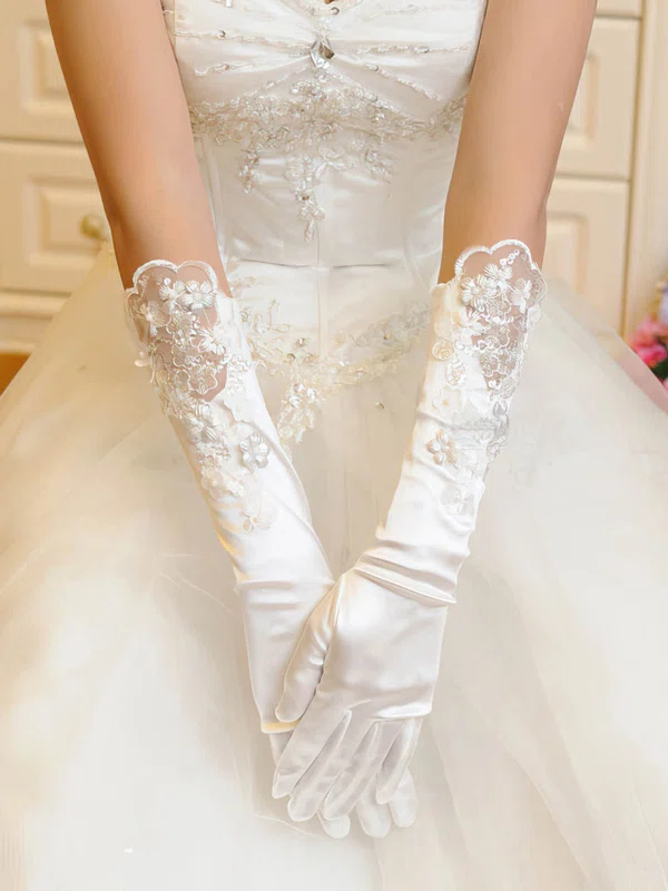 Ivory Elastic Satin Elbow Length Gloves with Appliques/Lace #Milly03120053