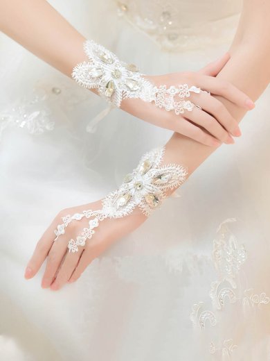 Ivory Lace Wrist Length Gloves with Rhinestone #Milly03120055