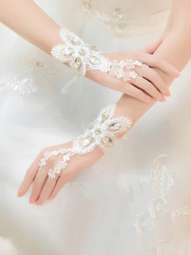 Ivory Lace Wrist Length Gloves with Rhinestone #Milly03120055