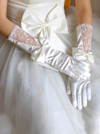 White Elastic Satin Elbow Length Gloves with Lace/Bow #Milly03120056