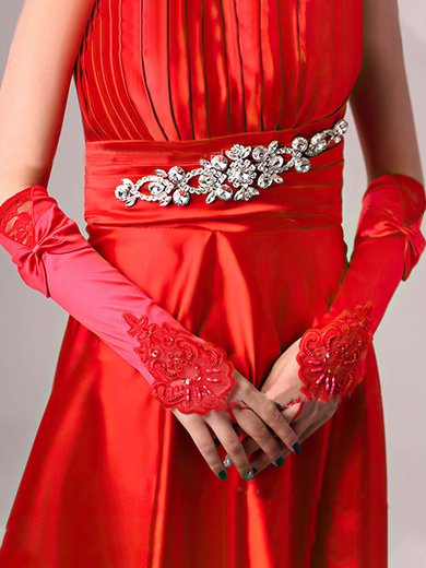 White Elastic Satin Elbow Length Gloves with Lace/Bow/Beading #Milly03120057