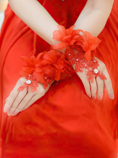 Red Lace Wrist Length Gloves with Rhinestone #Milly03120058