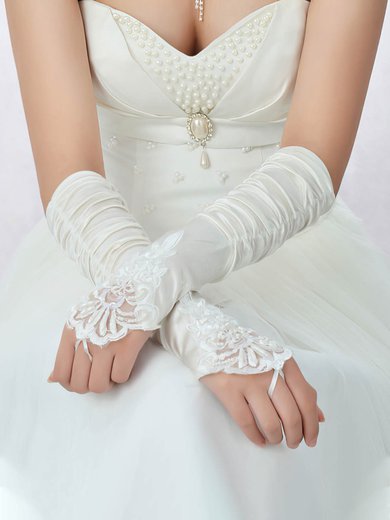 White Elastic Satin Elbow Length Gloves with Lace/Beading #Milly03120059