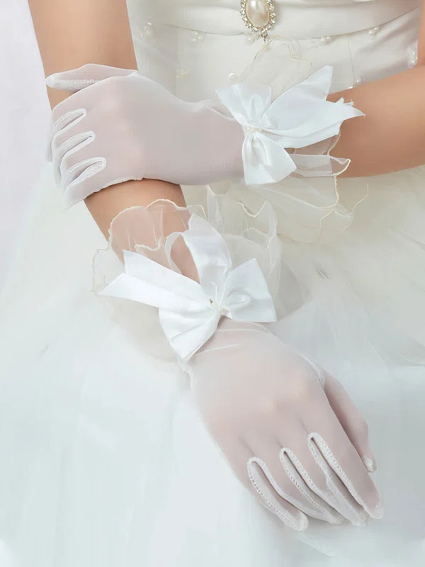 Ivory Tulle Wrist Length Gloves with Bow #Milly03120063