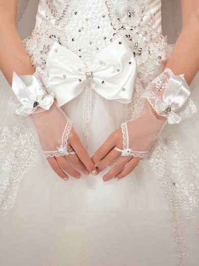 Ivory Tulle Wrist Length Gloves with Rhinestone/Bow #Milly03120064