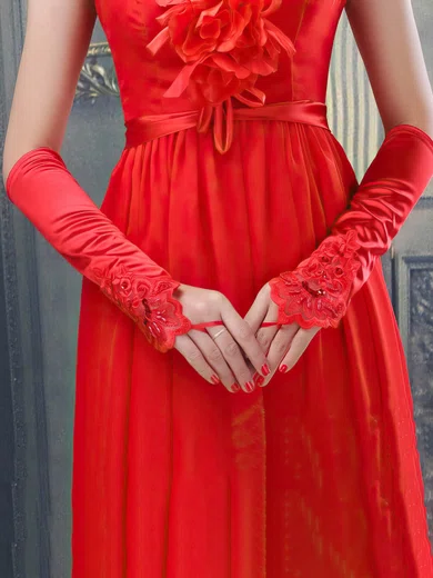 White Elastic Satin Opera Length Gloves with Beading/Appliques #Milly03120065