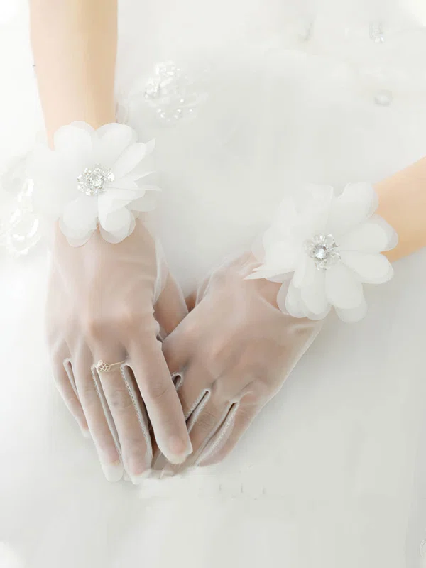 Ivory Organza Wrist Length Gloves with Rhinestone/Lace Flower #Milly03120066