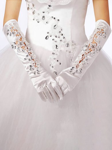 Ivory Elastic Satin Elbow Length Gloves with Rhinestone/Appliques #Milly03120067