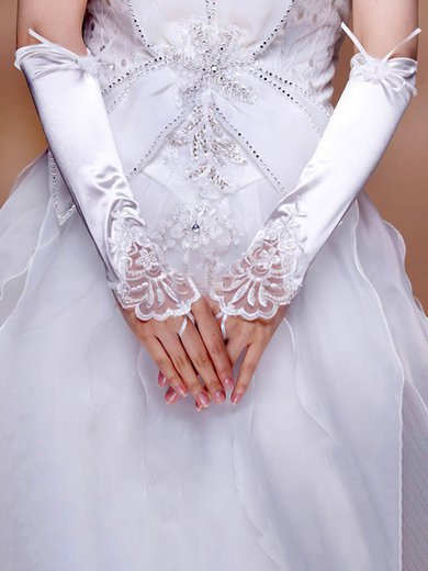 White Elastic Satin Elbow Length Gloves with Lace/Sequins #Milly03120070