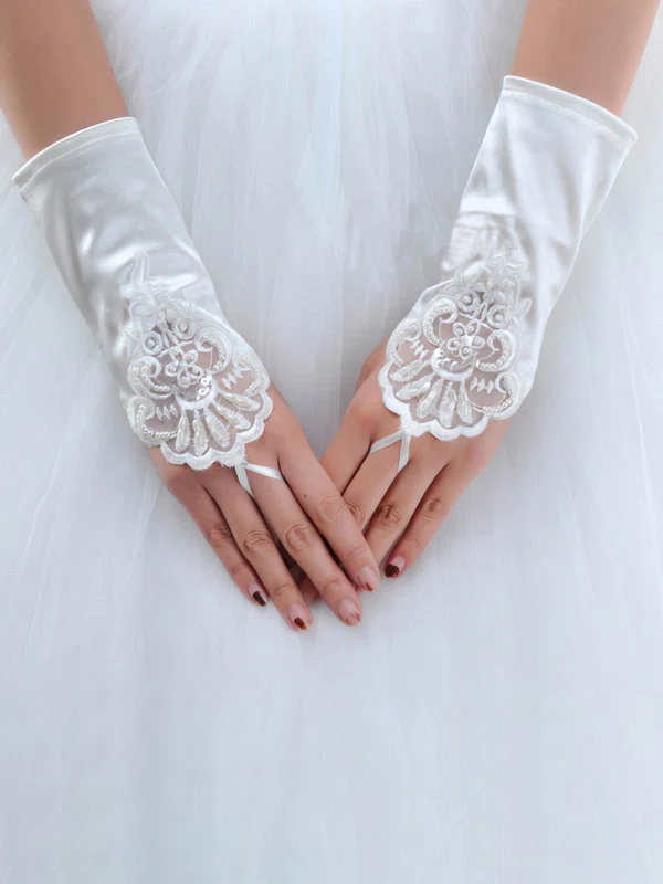 White Elastic Satin Wrist Length Gloves with Lace/Sequins #Milly03120072