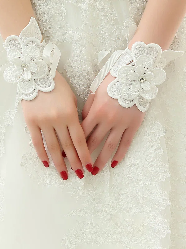 Ivory Lace Wrist Length Gloves with Lace Flower #Milly03120075
