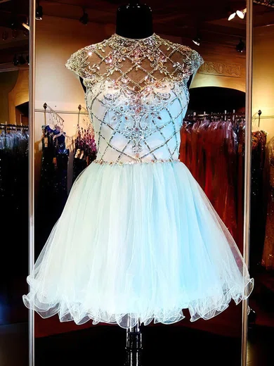 Ball Gown High Neck Tulle Cut Out Prom Dresses With Beading #Milly020101145