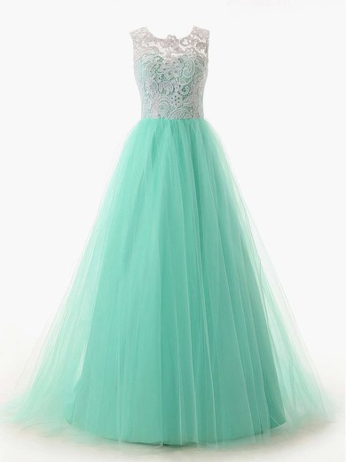 Ball Gown Scoop Neck Lace Tulle Sweep Train Prom Dresses #Milly020101174