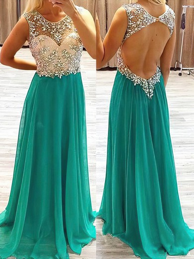 A-line Scoop Neck Chiffon Tulle Sweep Train Beading Prom Dresses #Milly020101351