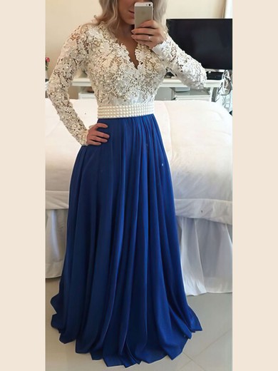 A-line V-neck Lace Chiffon Floor-length Pearl Detailing Prom Dresses #Milly020101388