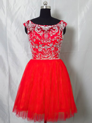 Short/Mini Scoop Neck Tulle Beading Open Back Red Prom Dresses #Milly020101404