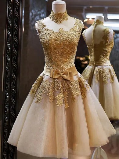 Ball Gown High Neck Tulle Prom Dresses With Appliques #Milly020101414