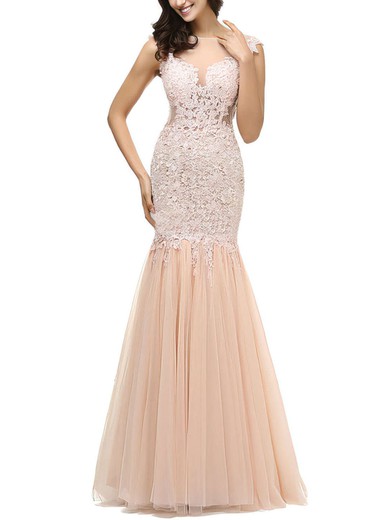 Trumpet/Mermaid Scoop Neck Tulle Floor-length Appliques Lace Prom Dresses #Milly020101621