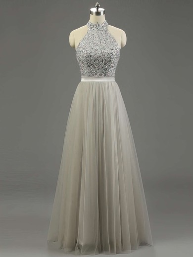 Ball Gown High Neck Tulle Floor-length Beading Prom Dresses #Milly020101636