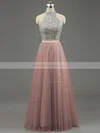 A-line High Neck Tulle Floor-length Beading Prom Dresses #Milly020101636
