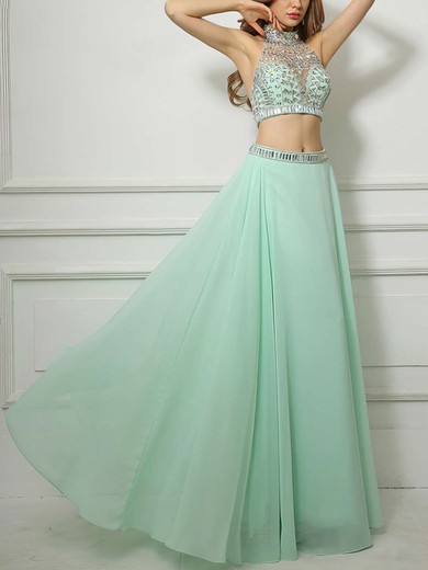 A-line High Neck Chiffon Tulle Floor-length Beading Prom Dresses #Milly020101659
