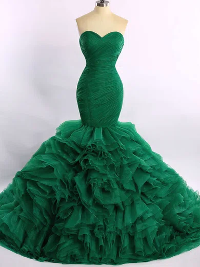 Mermaid Strapless Tulle Ruffle Tiered Prom Dresses With Ruched #Milly020101683