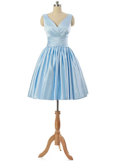 V-neck Light Sky Blue Satin Lace-up Pleats Short/Mini Short Prom Dresses #Milly020101795