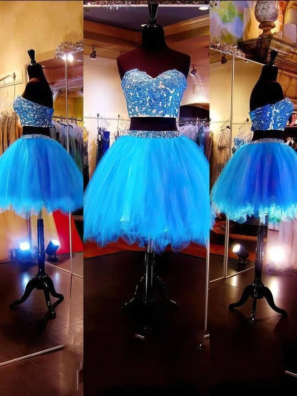 Two-pieces Sweetheart Tulle Short/Mini Beading Blue Prom Dresses #Milly020101803