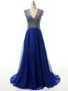 V-neck Royal Blue Chiffon Tulle Sweep Train Beading Cap Straps Prom Dress #Milly020101809