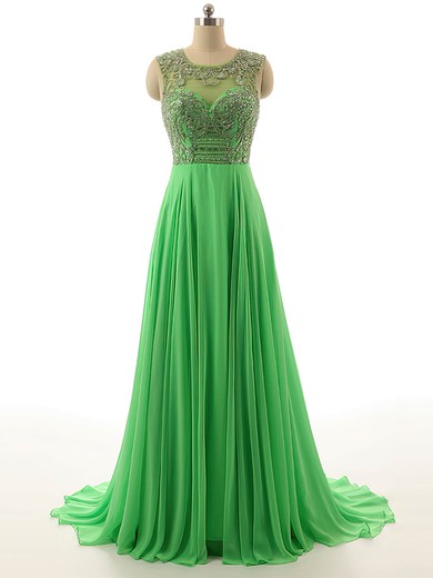 Backless Scoop Neck Sweep Train Beading Green Tulle Chiffon Prom Dress #Milly020101810