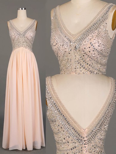 A-line V-neck Chiffon Floor-length Beading Prom Dresses #Milly020101819